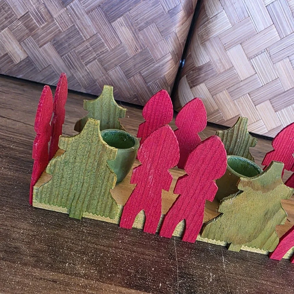 Scandinavian Sweden Christmas Red & Green Wooden Candle‎ Holder Christmas Tree